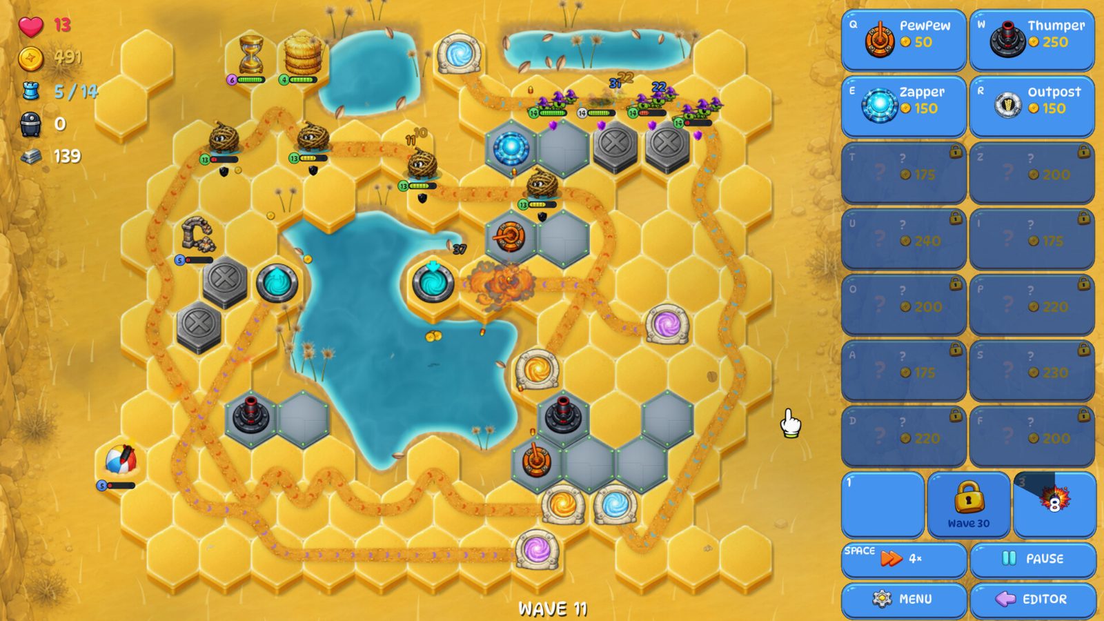 Battle on the hex grid in a desert biome with a lake