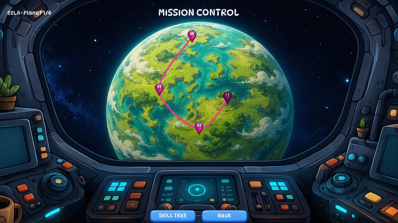 Mission Control: planet overview with four missions