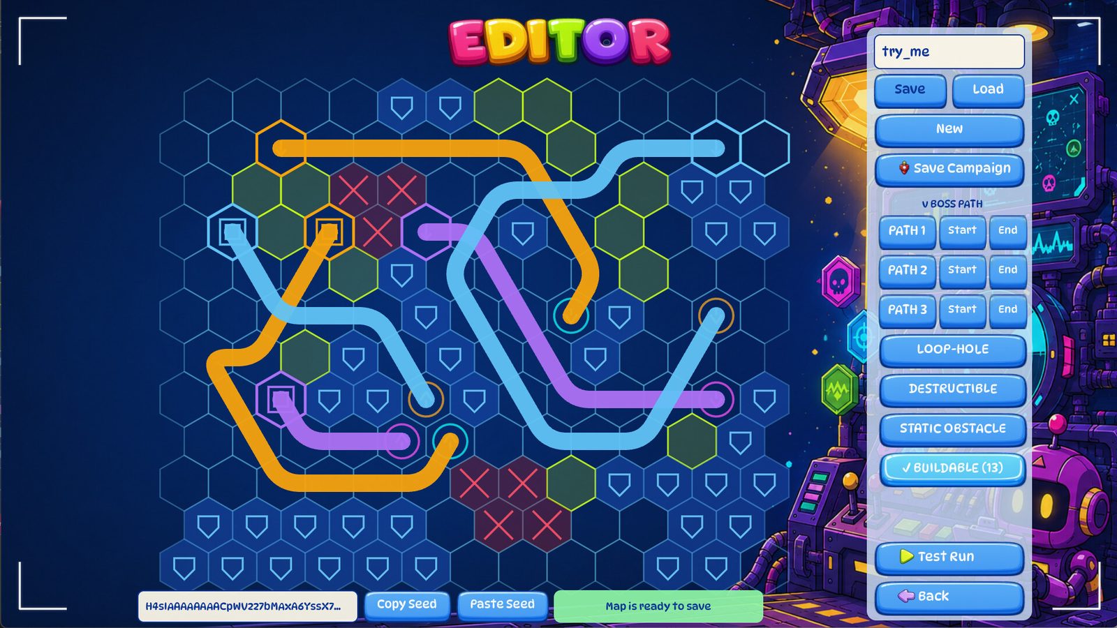 Map editor with three coloured paths