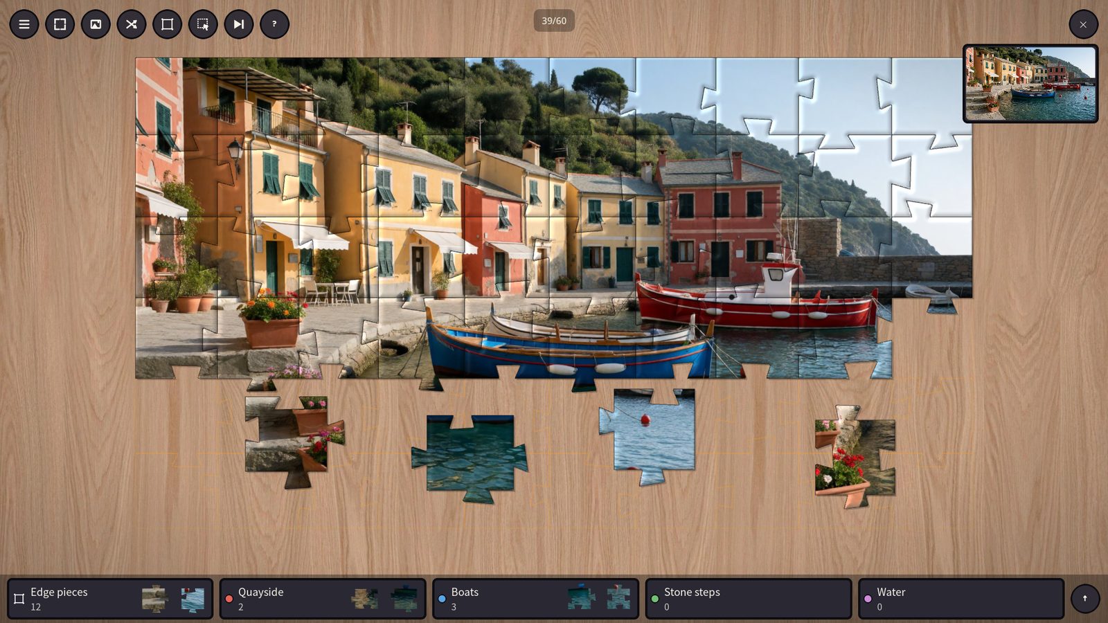 Own harbour photo as a puzzle with reference card and sorting trays