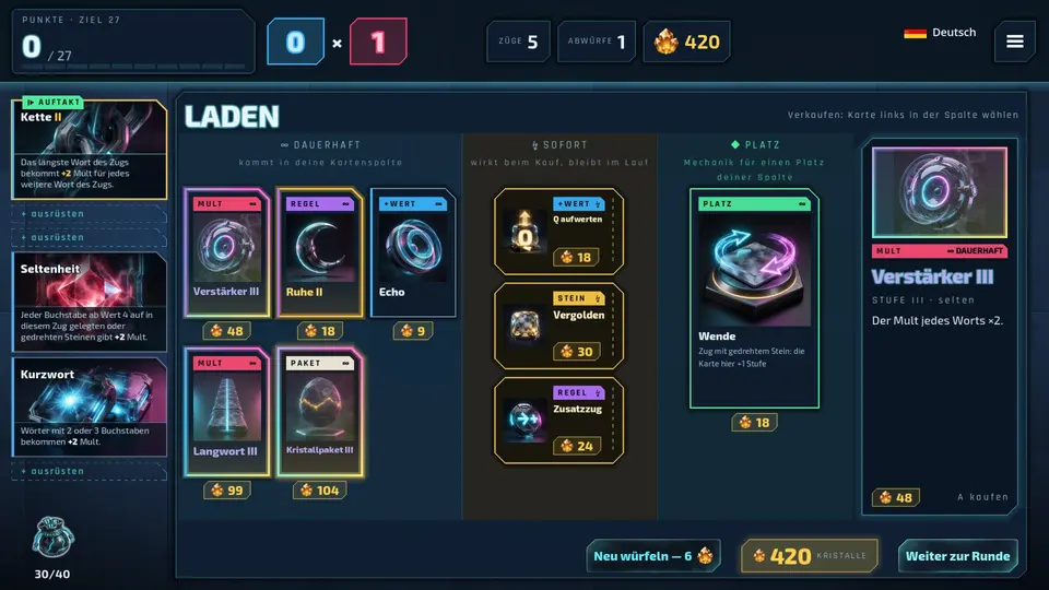 Der Laden mit Karten, Sofortkäufen und Plätzen